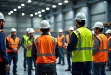 Industrial workers gather in large warehouse for safety training. Workers wear safety vests hard hats. Instructor guides training. Group listens attentively. Pro training session on safety