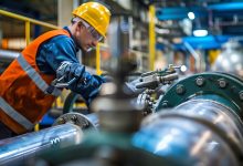 A worker at a large factory is closing a valve on a water pipe. Water pipes and plumbing in an industrial setting.